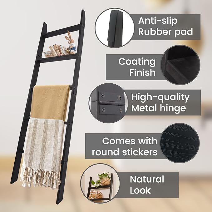 5-Tier Blanket Ladder – 4.8 Ft Wall Leaning Quilt Rack, Farmhouse Blanket Storage for Living Room, Bedroom & Bathroom – Rustic Decorative Wooden Towel & Quilt Holder, Easy to Assemble
