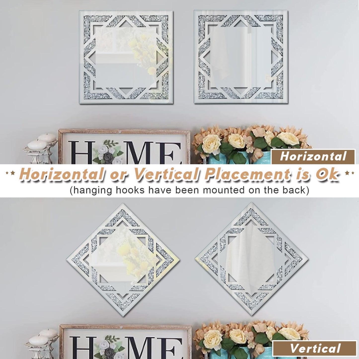 2 Piece Square Hollow Crushed Diamond Decorative Mirror, Silver Crushed Diamond Mirror Decor Wall for Living Room Bedroom Bathroom (12”x12”)