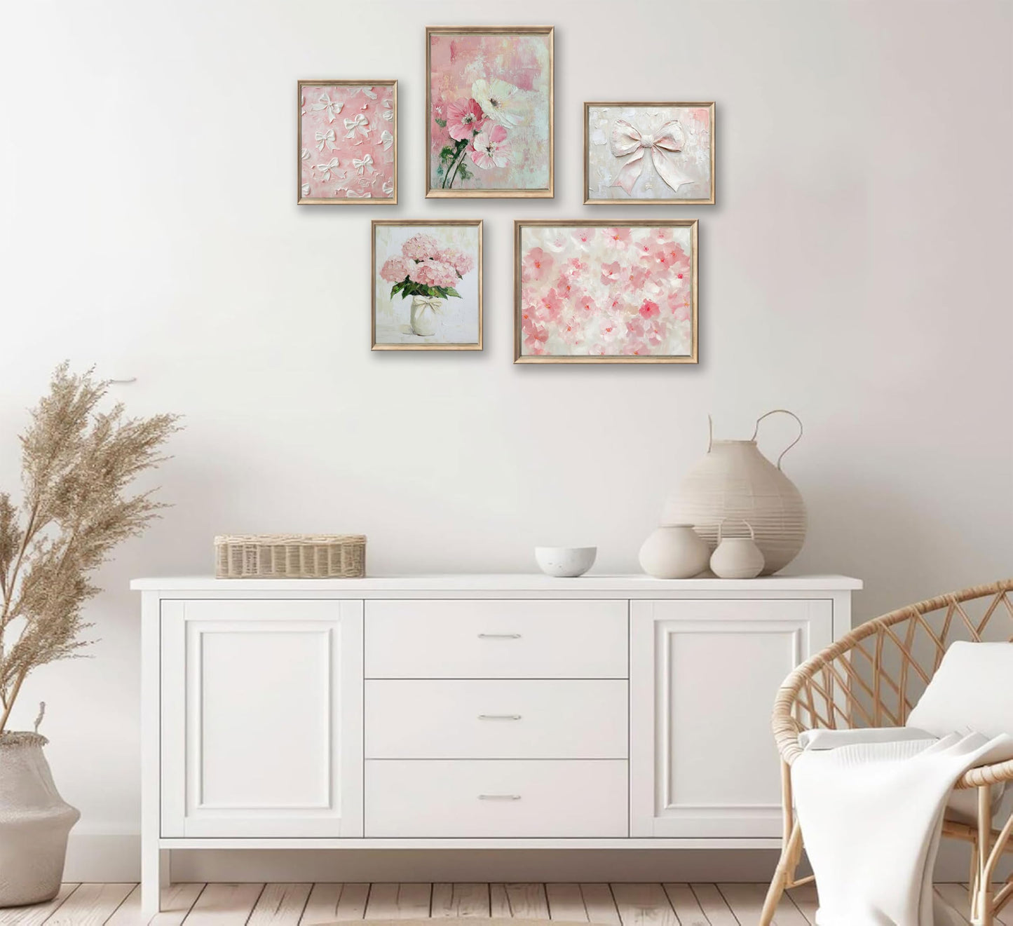 YFTTRYZ 5Pcs Pink Nursery Flower Wall Art Floral Bow Wall Decor Pink Hydrangea Posters Coquette Aesthetic Pictures Girl Room Prints for Girls Bedroom Dorm Apartment Home Unframed