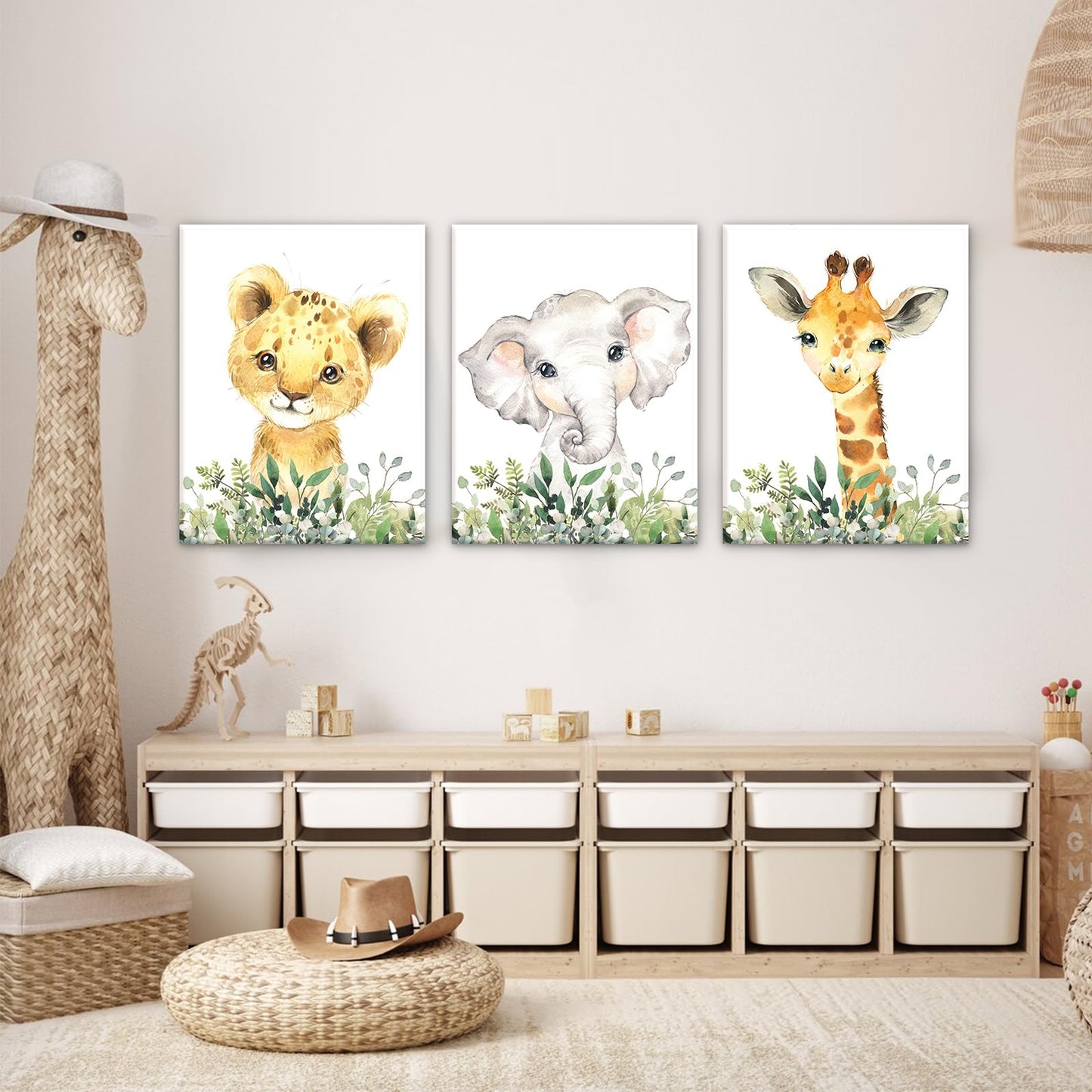 Baby Safari Nursery Wall Decor - Set of 3 Pictures Cute Animal Wall Prints on Canvas Jungle Nursery Safari Decor Gifts for Baby Boys and Girls Room, Framed Wall Art 12 x 16 Inch