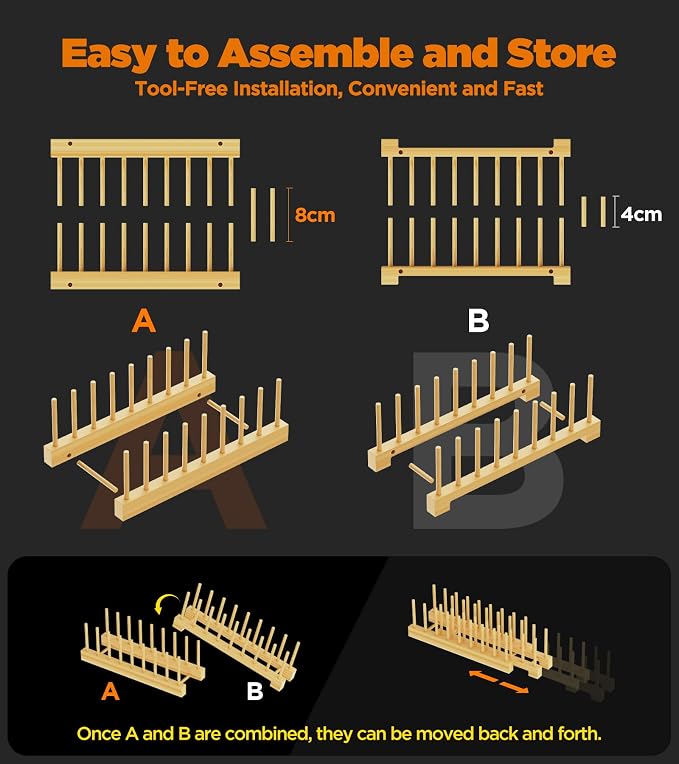 Bamboo Dish Drying Rack Set of 2, Adjustable Plate Organizer for Cabinet, Space-Saving for Plates, Bowls, Cups, Pot Lids & Cutting Boards, Vertical Bamboo Plate Holder Rack Dish Organizer
