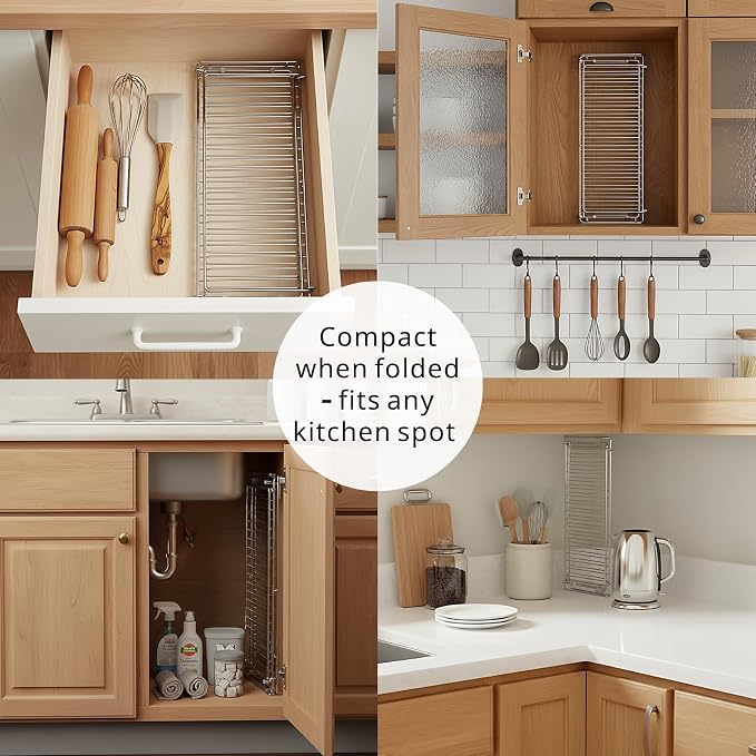 Collapsible Dish Drying Rack, 304 Stainless Steel Foldable Dish Rack with Drying Mat, 15.8" x 12.7" Space Saving Countertop Organizer for Small Kitchen, Dorm and Apartment, Silver