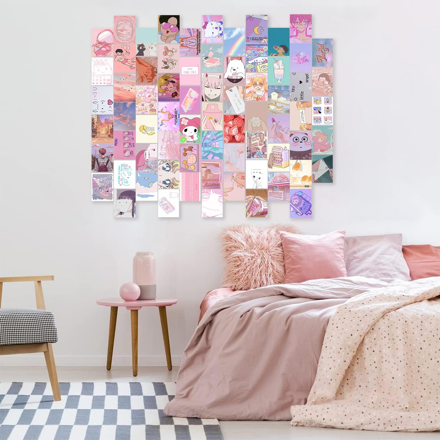 KBKBART Anime Aesthetic Wall Collage Kit, 70pcs Kawaii Room Decor, Pink Cartoon Assembled Print Card Set, Anime Photo Wall Collage Posters for Room Aesthetic, Cute Danish Pastel Wall Art 4x6 for