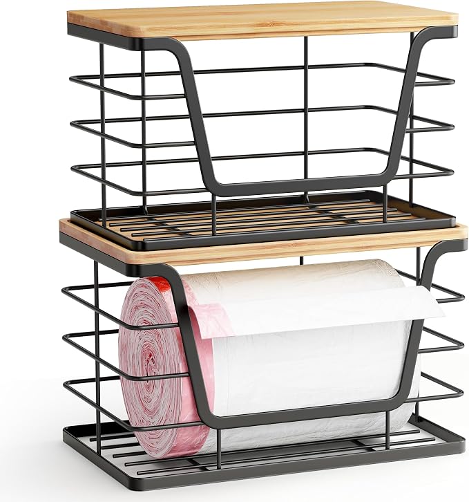 ALOCEO 2 Pack Stackable Wire Storage Basket with Bamboo Lid, Stainless Steel Extra Large Trash Bag Dispenser Roll Holder for Kitchen Sink, Kitchen Storage Bins for Potato and Onion, Black