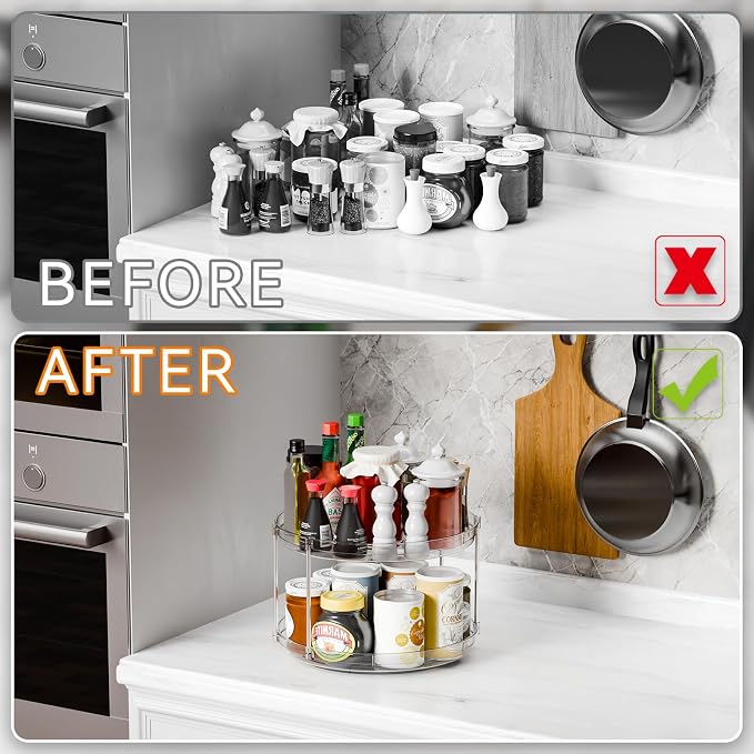 2 Tier Lazy Susan Turntable for Cabinet,Countertop,Pantry,12"W Spinning Seasoning Organizer,Double Rotating Kitchen Spice Rack Organizer and Condiments,Medicine,Vitamin Bottle Organizer Carousels,2Pc