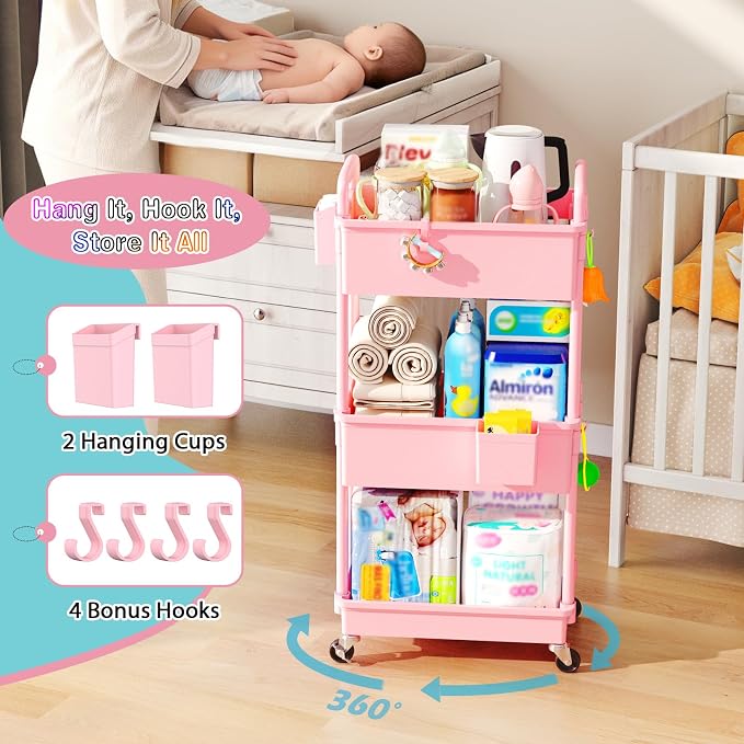 SUNALLY Baby Diaper Caddy Cart, 3 Tier Rolling Diaper Cart with Lockable Wheels for Nursery Essentials, Large Capacity & Easy Assemble Diaper Storage Organizer for Newborn,New Mom, Pink