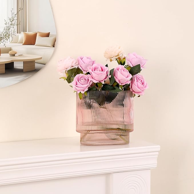 Ribbed Glass Vase, Pink Glass Vase, Fluted Short Vases for Flowers, Modern Vases for Living Room, Dining Room, Bathroom, Desk, Shelf, Wedding, Office, 7 Inches