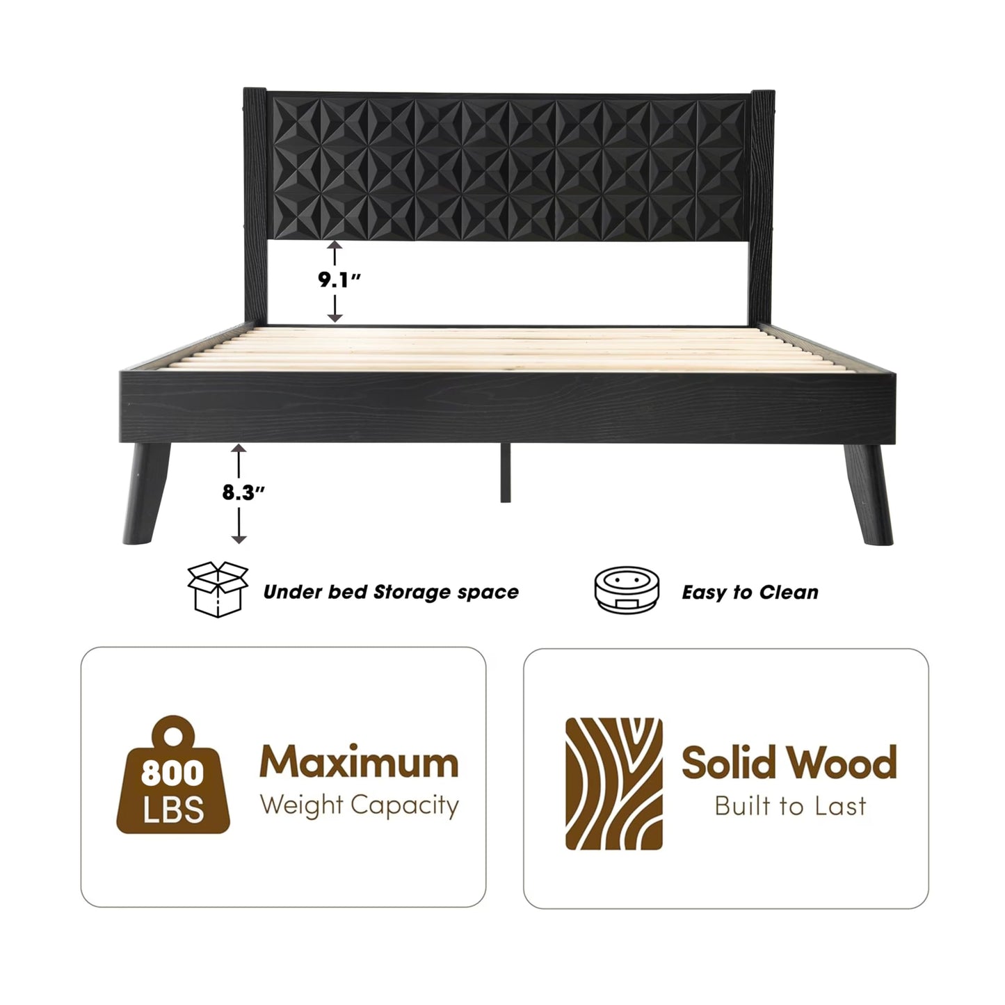 King Size Platform Bed Frame with Solid Wood Headboard & Footboard, 12 Sturdy Slatted Base with Central Metal Legs, Noise-Free & Slip-Free, Easy Assembly, No Box Spring Needed, Ebony Oak Finish UPK-35