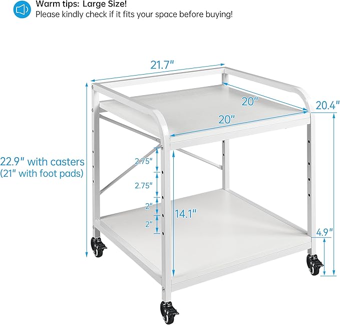 Fannova 20 Inches Deep Large Printer Stand, 2 Tier Under Desk Printer Table with Height Adjustable Shelf, Rolling Printer Cart with Wheels for Home Office Storage - White
