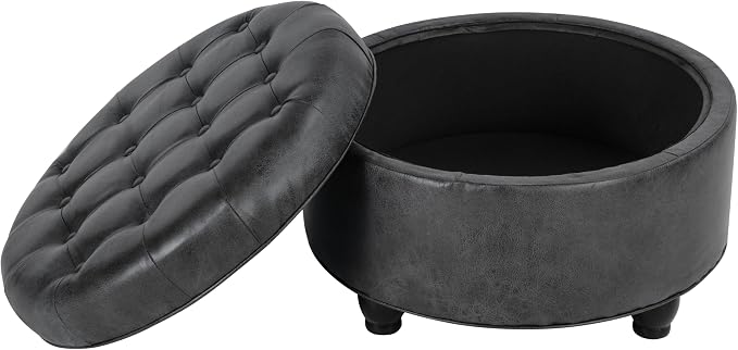 Homepop Home Decor |Button Tufted Faux Leather Round Storage Ottoman | Ottoman with Storage for Living Room & Bedroom (Gray)