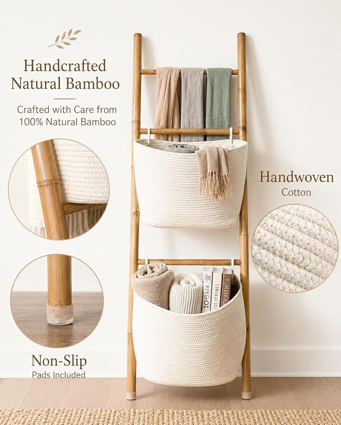 Bamboo Blanket Ladder with 2 Woven Storage Baskets, Handcrafted 55in Decorative Ladder for Blankets, Leaning Blanket Holder for Living Room, Towel Ladder for Bathroom & Quilt Display Rack