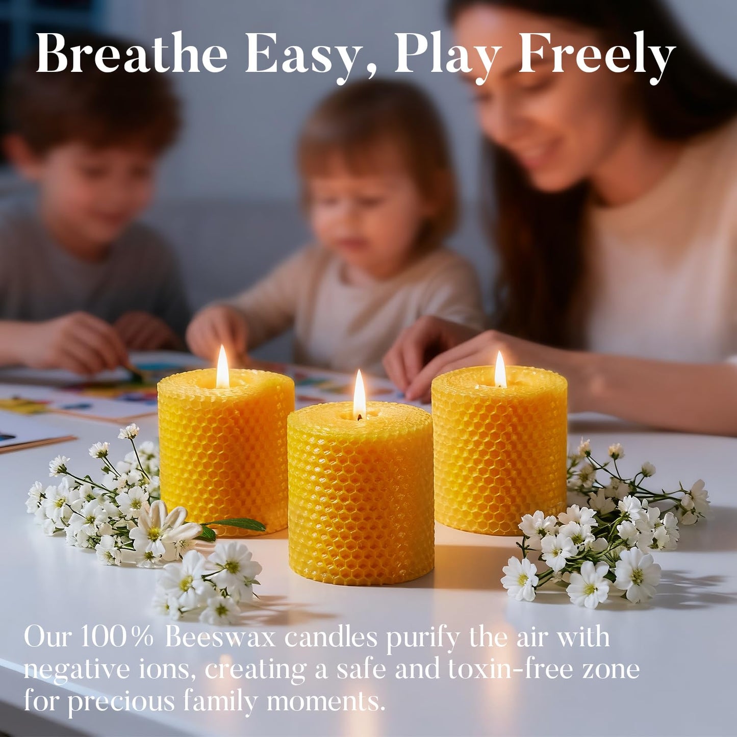 Ashlux Beeswax Pillar Candles, 3x3 Inch -Set of 3 Hand-Rolled Honeycomb Candle - Each Long Burning 17 Hours, Dripless Smokeless Unscented Handmade Beeswax for Home Decor, Prayer, Wedding,SPA