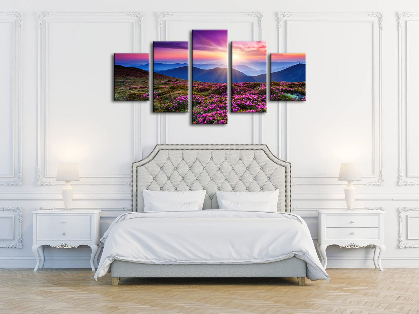 Wieco Art 5 Piece Giclee Canvas Prints Wall Art Large Modern Gallery Wrapped Mountains in Sunrise Artwork Purple Landscape Pictures Paintings Ready to Hang for Bedroom Dining Room Decorations L