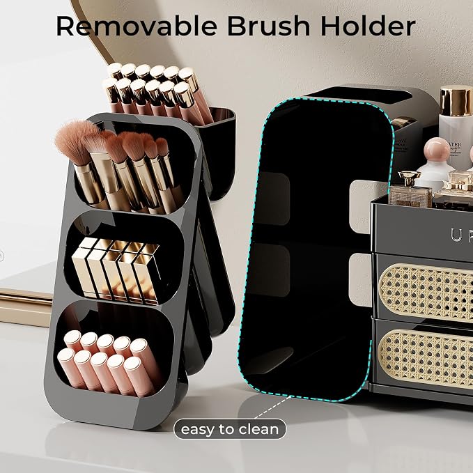 UFORU Makeup Organizer for Vanity with Brush Holder, Large Capacity Bathroom Countertop Skincare Organizer with 2 Drawers, Cosmetic Display Case for Perfumes, Eyeshadow Palettes, Nail Polishes
