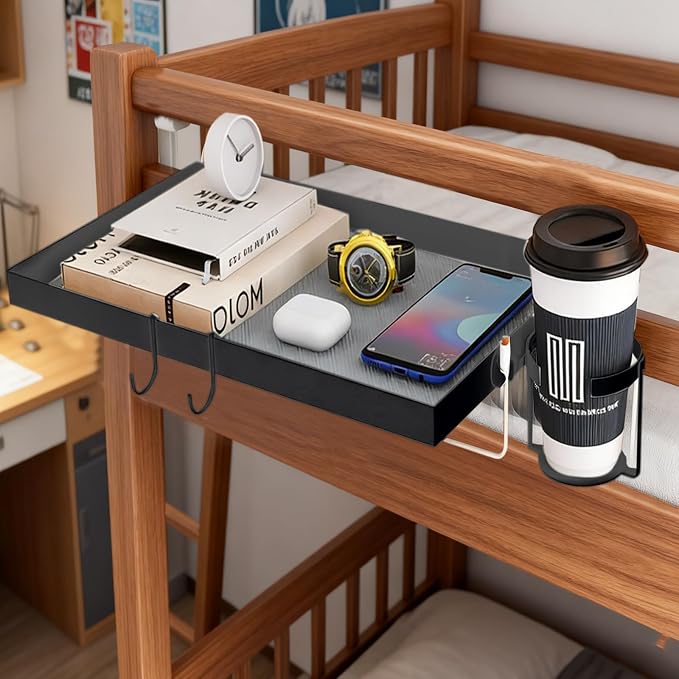 Metal Bedside Shelf for Dorm Room Bunk Bed & Top Bunk, Dorm Room Essentials, Bed Side Table Tray Organizer (Black)