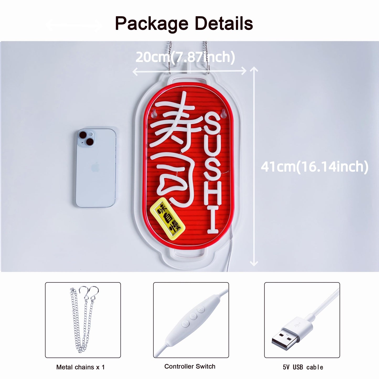 JOMOSPO Japanese Sushi Neon Sign, 寿司Neon Lights Hanging Wall Art Decoration for Japanese Style Restaurant Men Cave Bar Club Shop Store, USB Powered Ultra Bright Dimmable, 16 * 7.8 inches