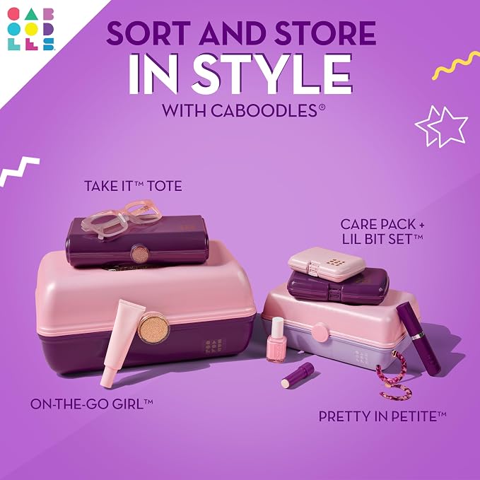 Caboodles On-The-Go Girl Makeup Box, Purple Sparkle, Hard Plastic Makeup Organizer Box, Built-In Mirror, Secure Latch for Safe Travel, Spacious Storage for Large Items