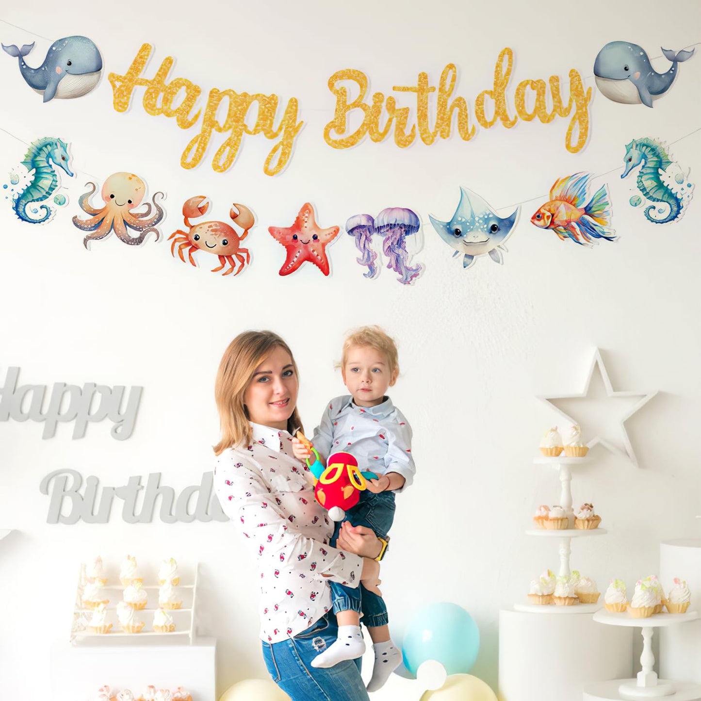 Sea Animals Hanging Swirl Ceiling Streamers Decorations, Under Sea Happy Birthday Banner Sign Party Decoration for Kids Baby Shower Ocean Sea Party Supplies Room Decor