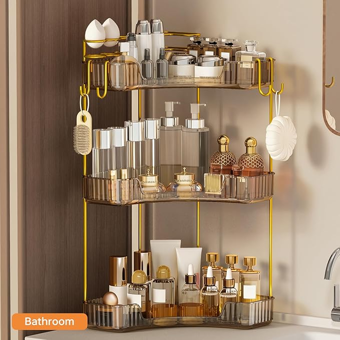 3-Tier Corner Bathroom Counter Organizer，Makeup & Skincare Shelf with Built-in Brush Holder，Space-Saving Bathroom Countertop Organizer for Skincare, Perfume, Cosmetics(Amber)