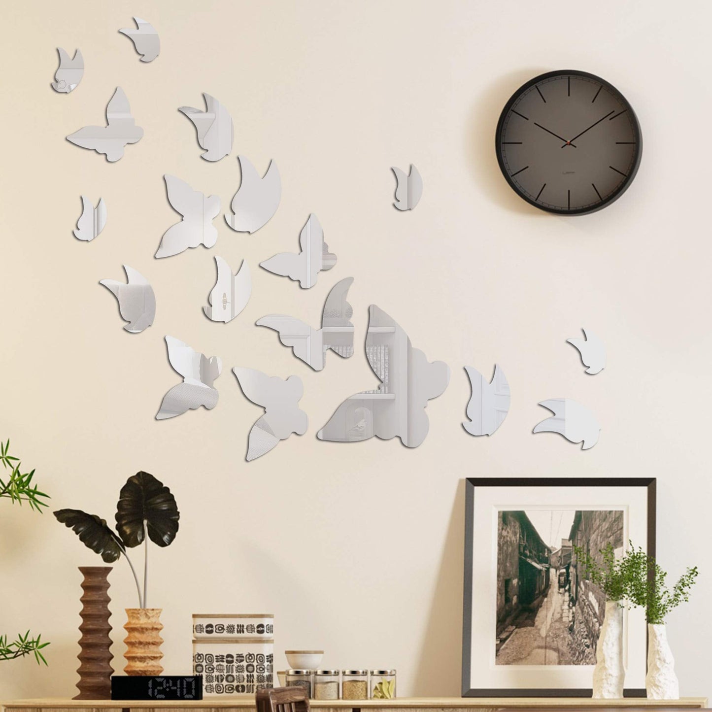 Amaonm 21 PCS Silver Mirror Acrylic Butterfly Wall Decals, 3D Crystal Butterfly Removable Stickers DIY Art Decor for Kids Nursery Bedroom Living Room Bathroom Door Home Wall Mural