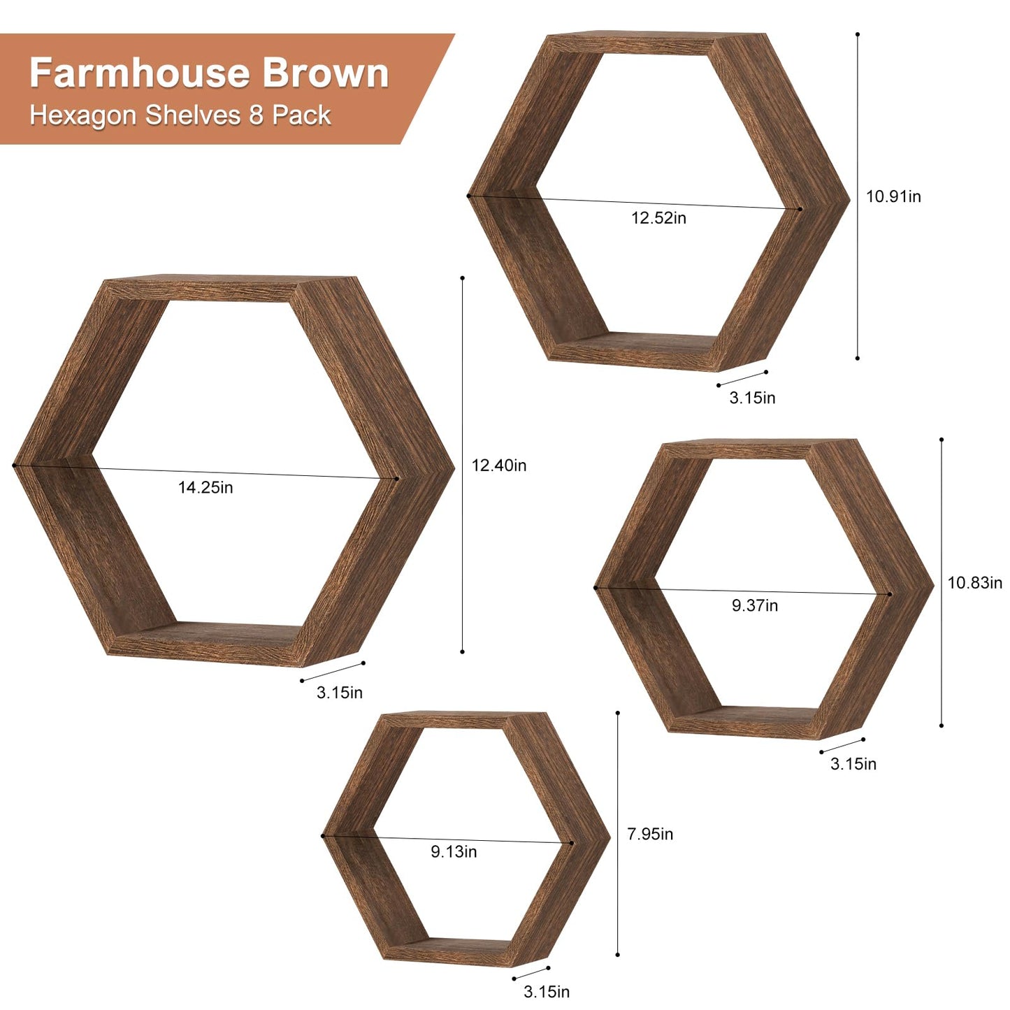 Hexagon Floating Shelves Set of 8 Wood Hexagonal Shelves Brown Wall Decor and Storage Racks for Living Room Floating Honeycomb Plants Shelf Farmhouse Wall Hexagon Hanging Shelf for Bedroom Home