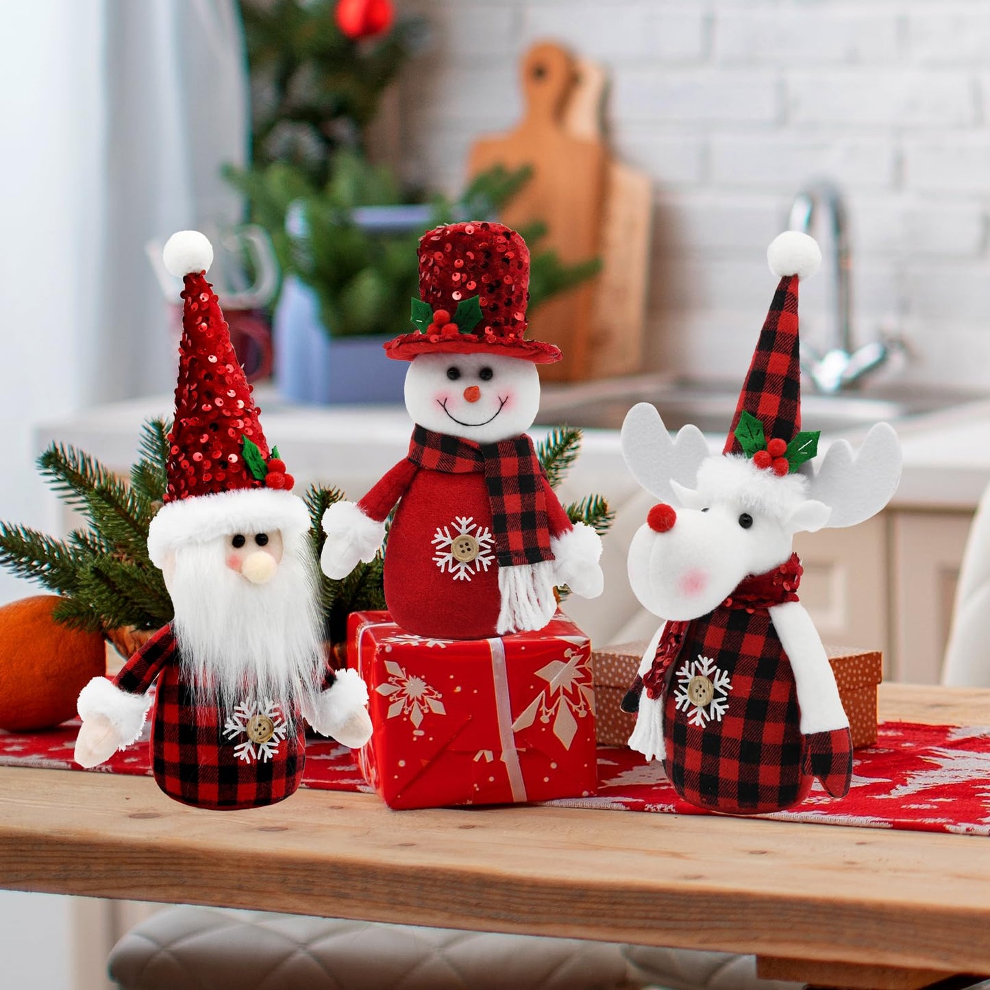 KnomeKo Red Buffalo Plaid Christmas Decorations Indoor- 3 Pcs Red Christmas Snowman & Santa & Reindeer Plush Tabletop Tiered Tray Decor Winter Gifts