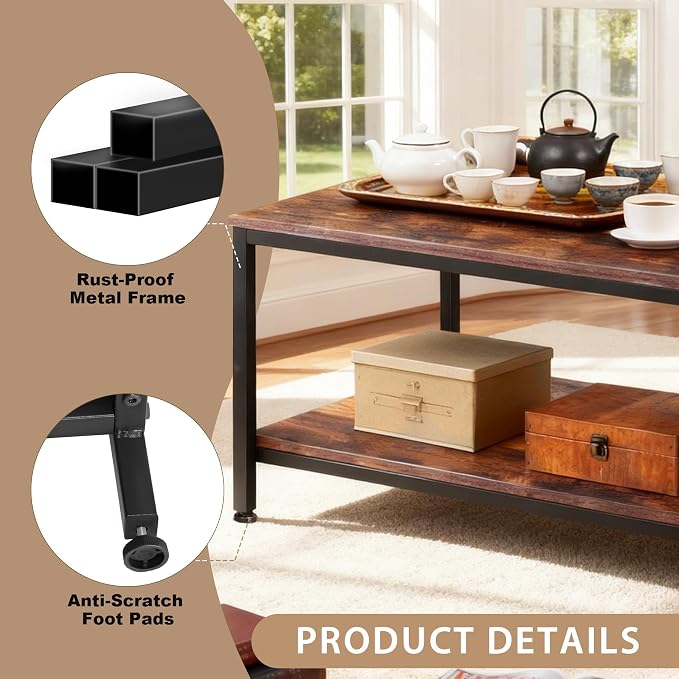 SUPER DEAL 2-Tier Coffee Table with Storage Shelf for Small Apartment Living Room, Rectangle Wood and Stable Metal TV Stand Side End Table, Rustic Brown