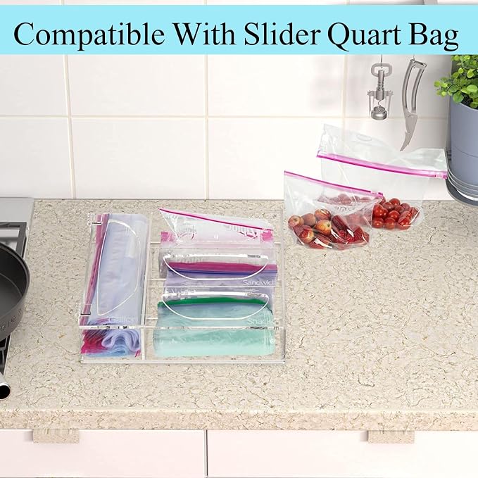 Plastic Bag Holder, Ziplock Bag Storage Organizer Acrylic Plastic Bags Organizer Drawer & Wall-Mount for Sandwich, Snack, Quartz, Gallon/Freezer