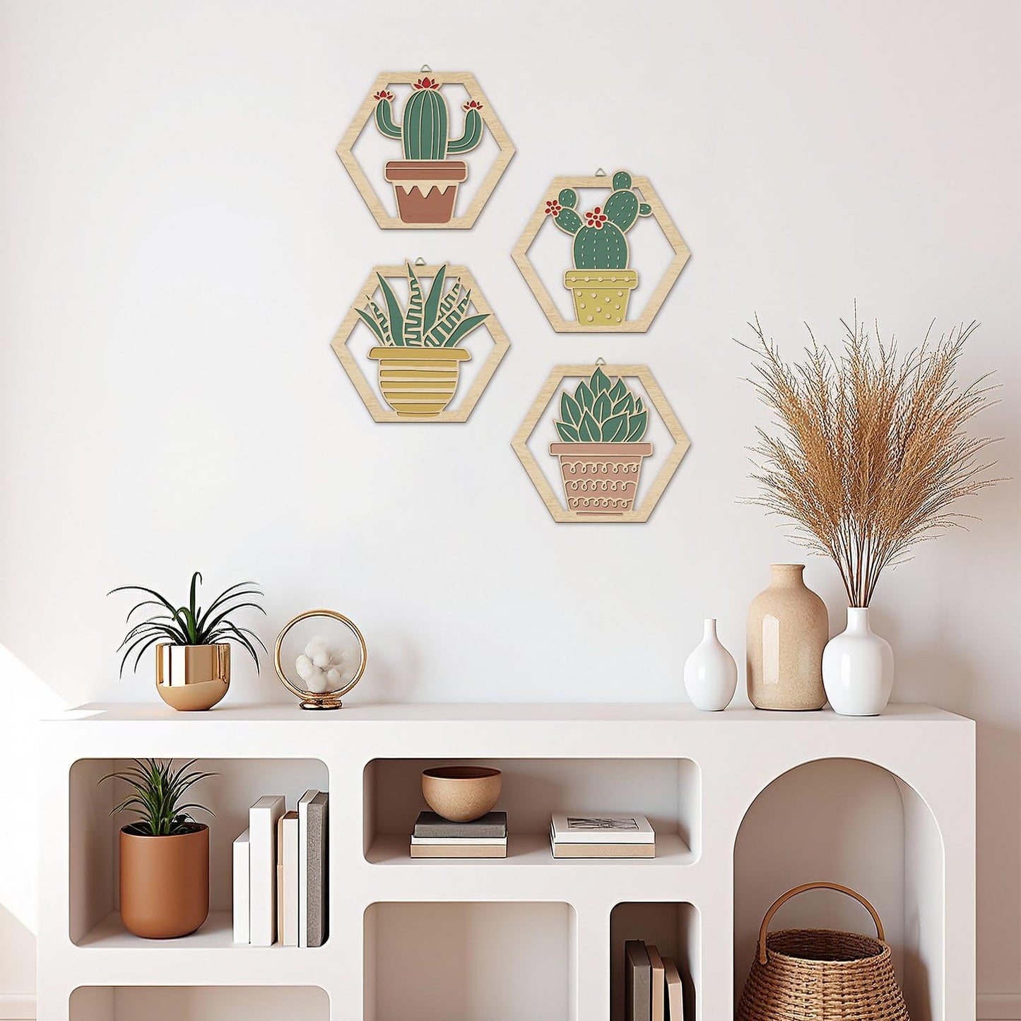 HOURIA 4Pcs Boho Cactus Wall Decor(10”x9”),Rustic Tropical Botanical Floral Wall Art,Hexagon Southwest Succulent Plant Wood Hanging Sign for Farmhouse Toilet Restroom Living Room Office