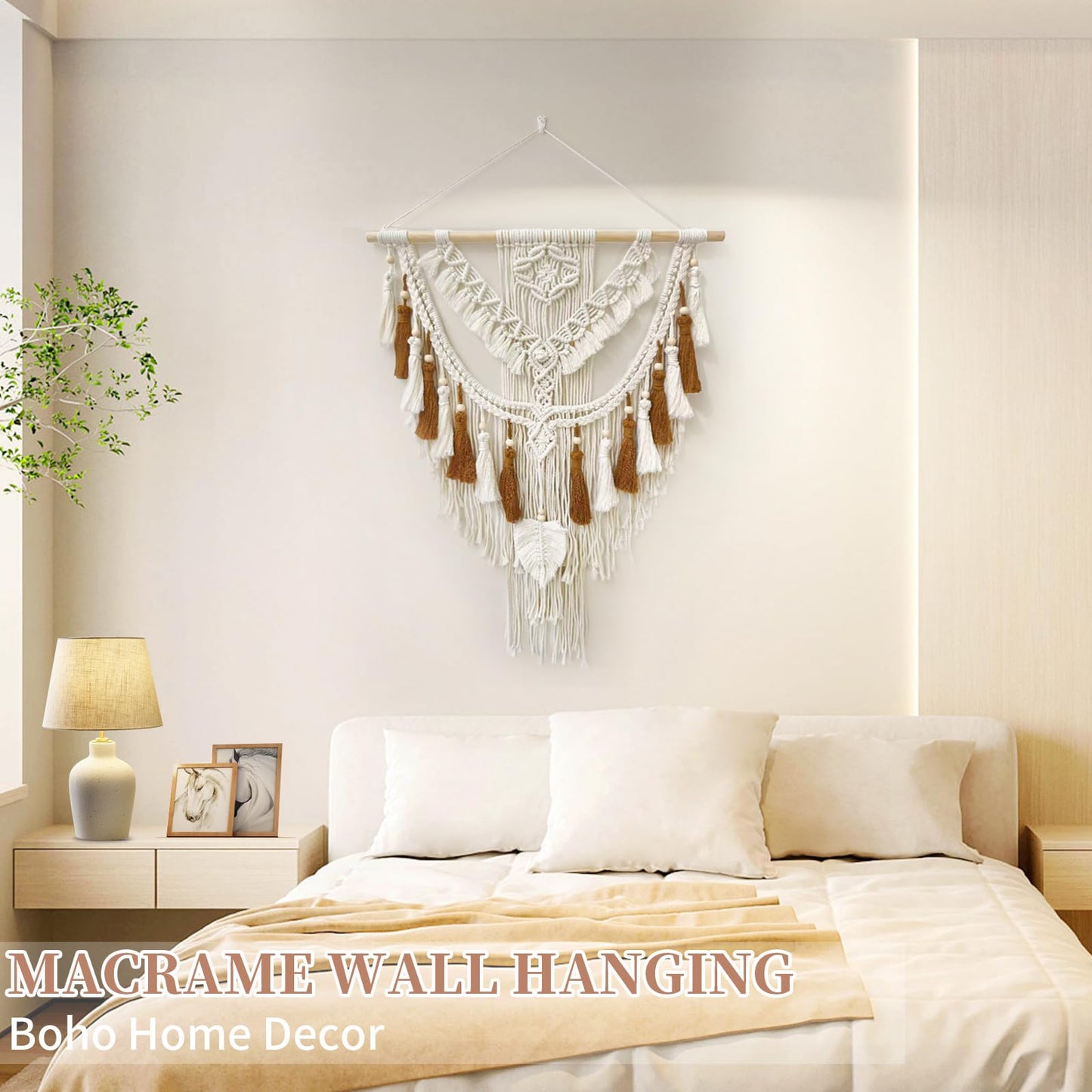 lokeisna Macrame Wall Hanging, Woven Tapestry Beige & Dusty Rose Handmade Craft Macrame Wall Room Decor, Gallery & Nursery, Size 37.4” Lx27.5” W