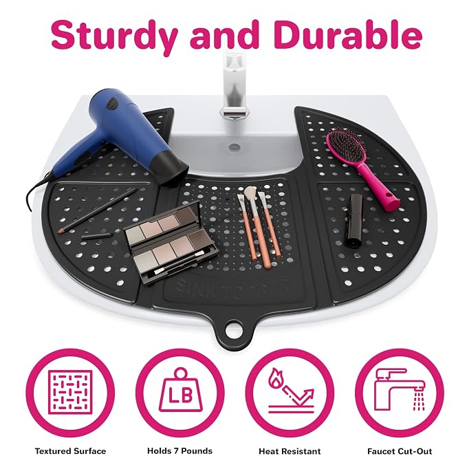 Sink Topper Bathroom Counter Cover & Storage Saver, Foldable Silicone Mat for Hot Tools, Hair Styling & Makeup, Beauty Brush Cleaning Mat, RV Camper Sink Cover & for Small Spaces (Standard Black)
