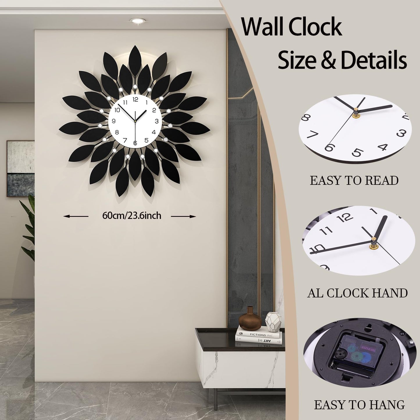 FLEBLE Large Wall Clocks for Living Room Decor Modern Wall Clock Decorative Silent Non-Ticking 24 Inch Round Black Metal Crystals Clock for Office, Home, Bathroom, Kitchen, Bedroom or Entryway