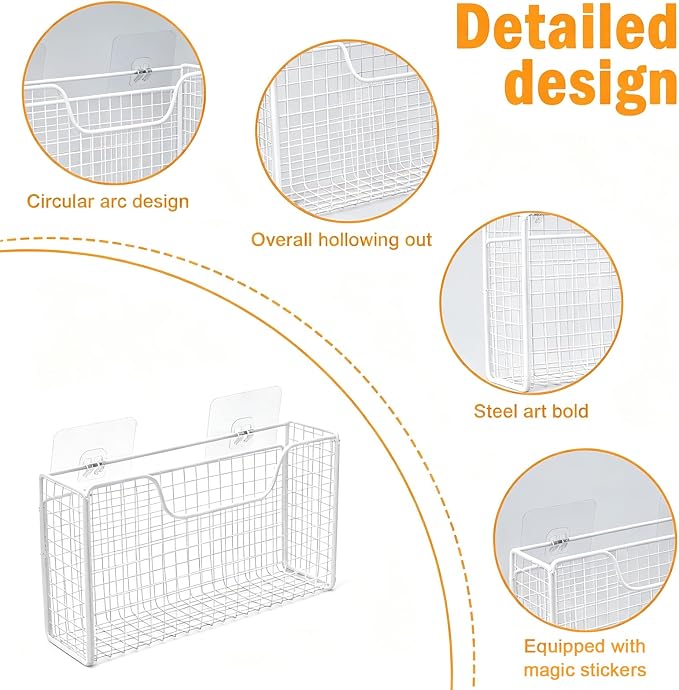 2 Pack Aluminum Foil Organizer, Foil and Plastic Wrap Organizer, Pantry Kitchen Cabinet Door Organizers, Self Adhesive Wall Mounted Storage Hanging Basket for Ziplock Bag, No-Drill, Mesh Metal, White