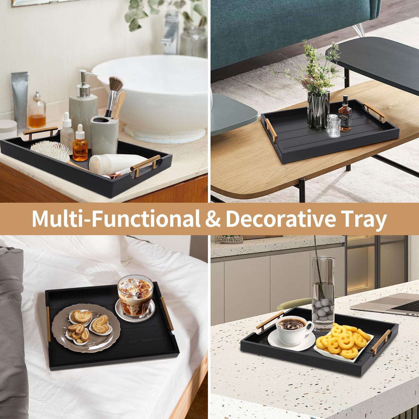 SXNOWS Coffee Table Trays - Large Ottoman Tray for Living Room -Wood Serving Tray with 2 Sets of Handles - Wooden Tray for Coffee Table, 4 Round Coasters Included, Black