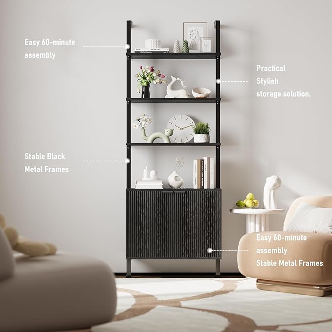 INNOD 74" Tall Bookshelf with Storage Cabinet, Modern Ladder Shelf with Wood and Metal Frame, Wall Mount Bookcase Open Display Shelf Furniture for Living Room, Bedroom, Home Office，Black