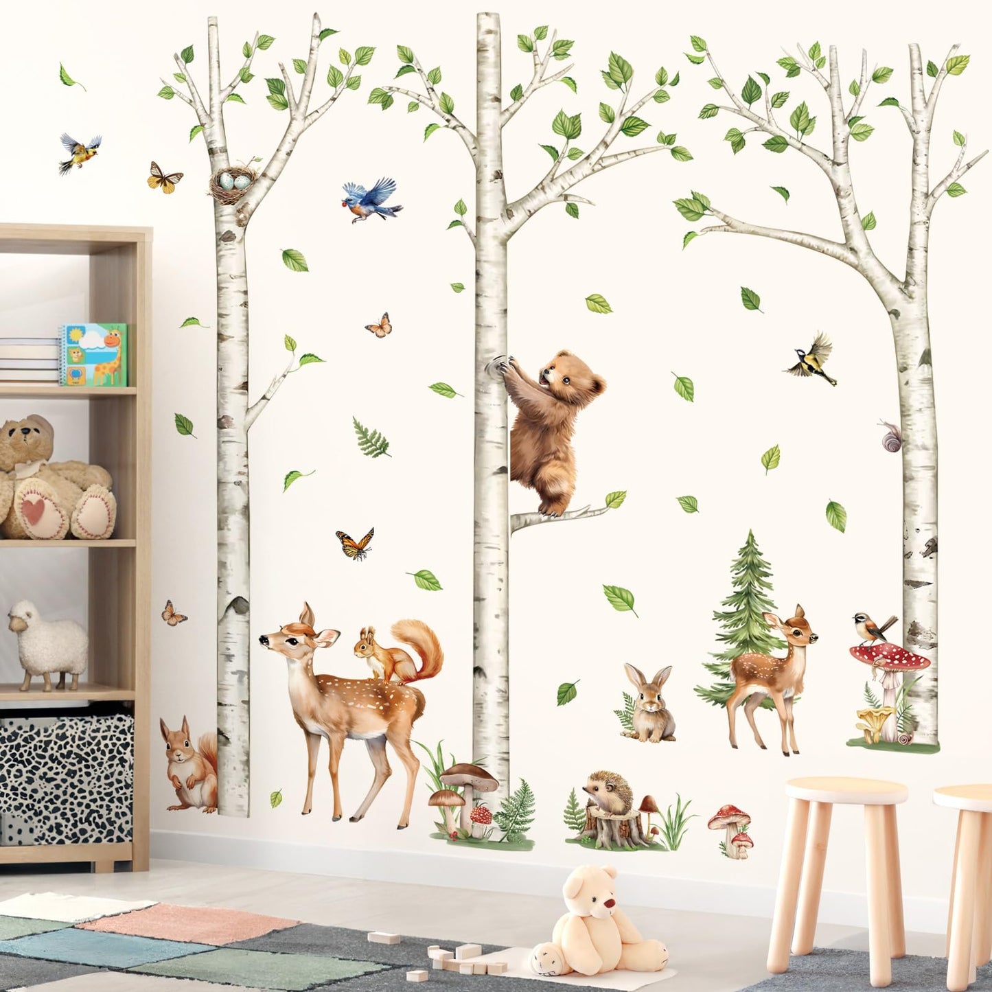 decalmile Large White Birch Tree Wall Decals Woodland Animals Bear Deer Rabbit Wall Stickers Living Room Baby Nursery Kids Room Wall Decor