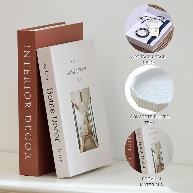 Decorative Plaster Tray & Book Decor Set - Scalloped Tray & Decorative Books Box Enhance Coffee Table or Bookshelf Decor - Modern Home Decoration for Living or Dining Room & as Housewarming Gift