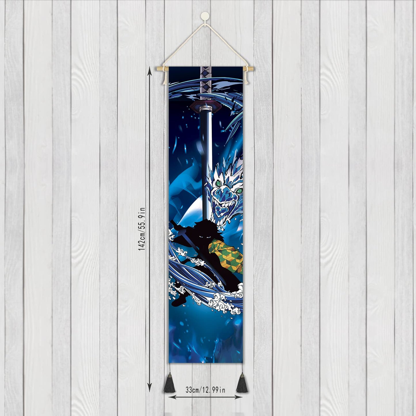 Hanging Poster Canvas Wall Art Painting Anime Characters Silhouette Effect Wall Tapestry With 2 Tassels And Wooden Hanging Rod Wall Decor Tapestry Decoration For Room (Dragon-Sword-Style2)