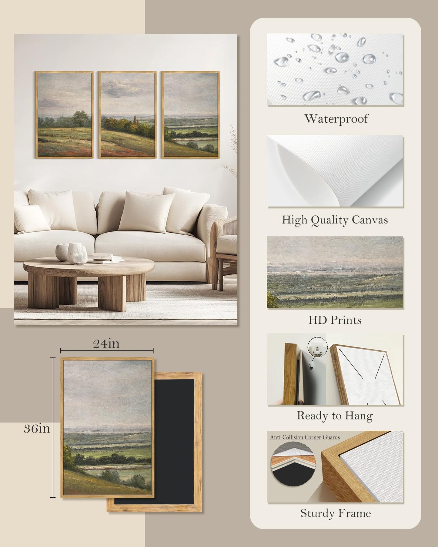 SHENIFY Extra Large Vintage Framed Wall Art White Clouds Over Vast Grassland Landscape Painting Retro Meadow Scenery Farmhouse Bedroom Above of Bed Living Room Deco - 24x36in3pcs Natural Framedr