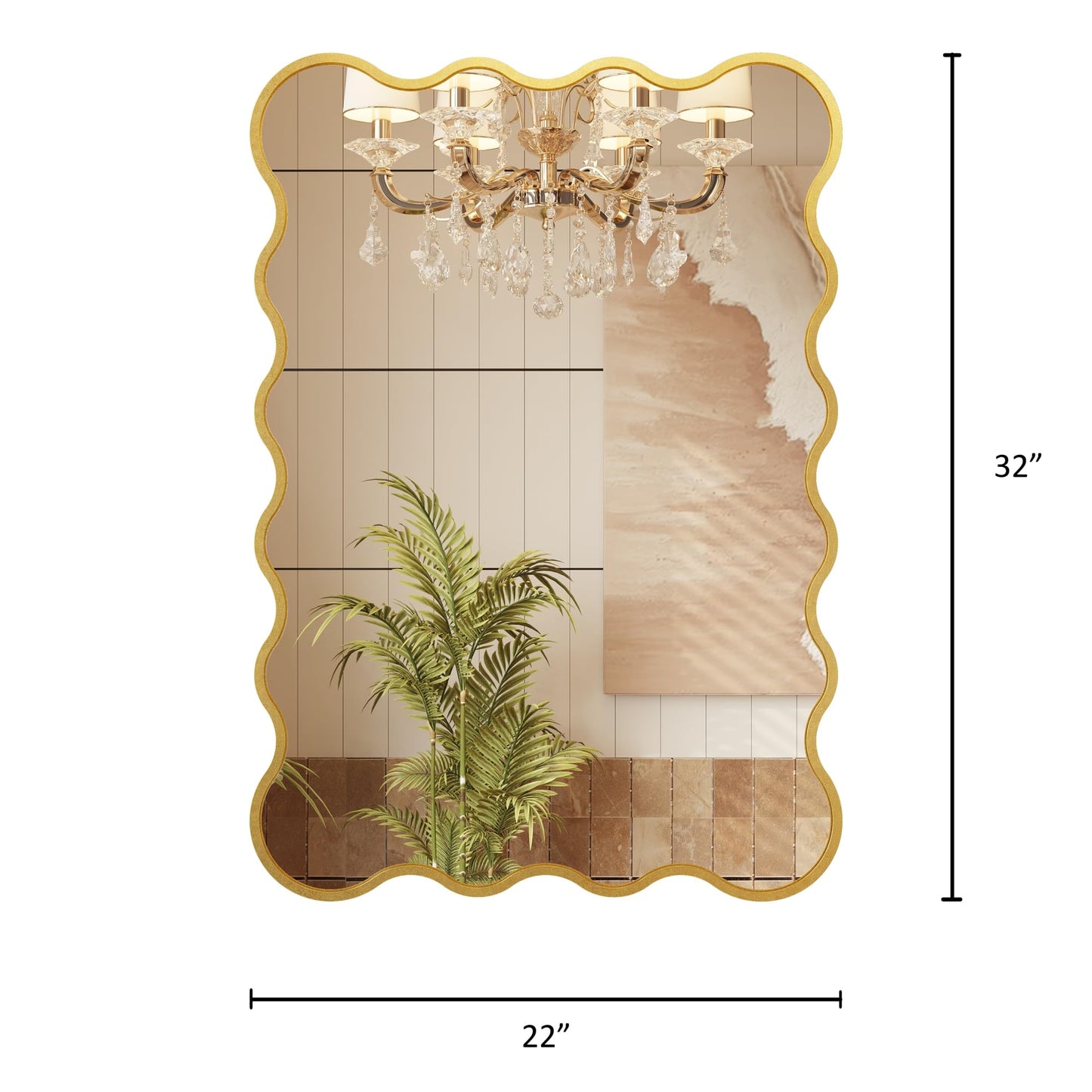 Kelly Miller 22x32 Inch Gold Scalloped Mirror, Large Rectangular Wavy Edge Bathroom Vanity Wall Mirror Decorative for Bedroom Living Room Entryway Fireplace Mantle