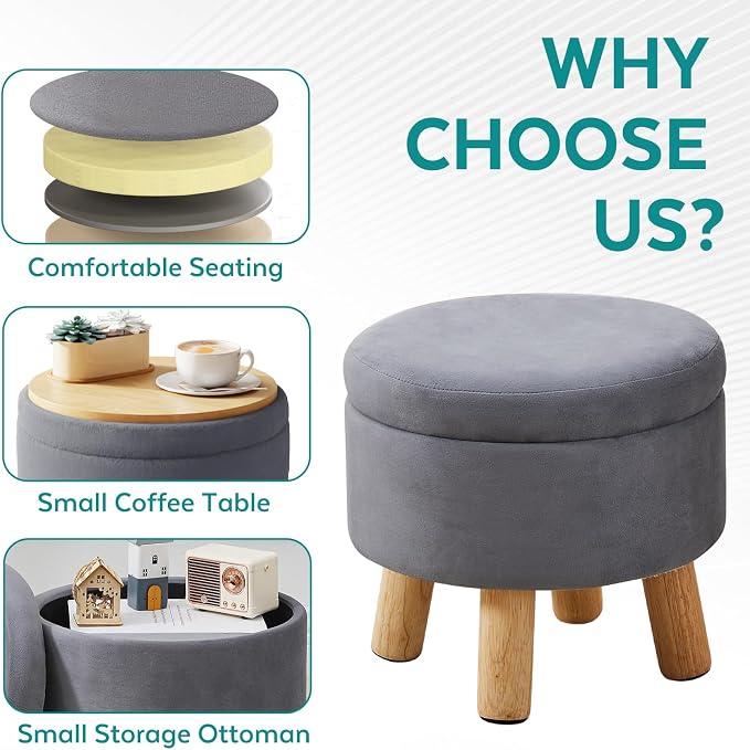 Small Foot Stool Ottoman with Storage, Velvet Ottoman Foot Rest for Couch, Round Footstool with Storage, Small Ottomans and Footstools for Living Room and Entryway (Gray)