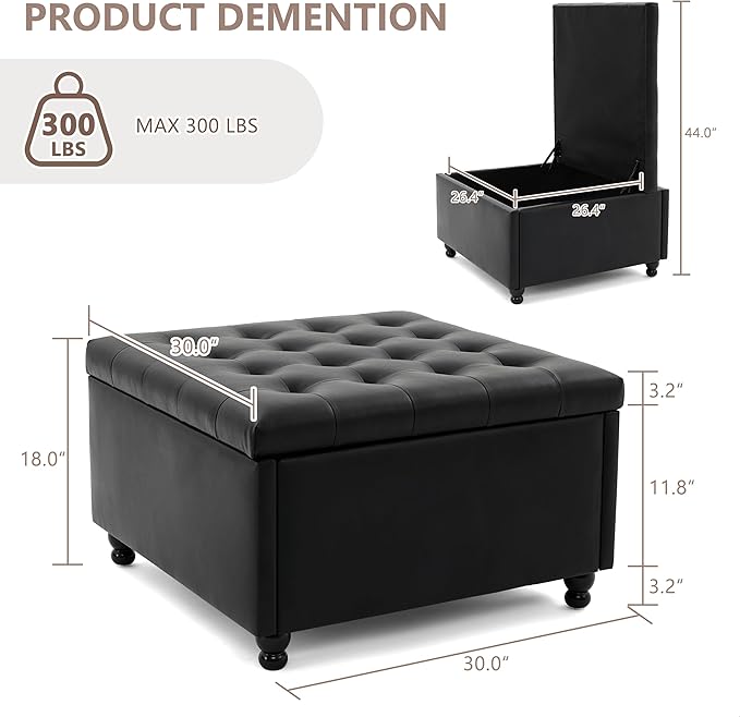 Weture Large Square Storage Ottoman Coffee Table, Oversized Square Ottoman with Storage, Tufted Upholstered Coffee Tables for Living Room (30 Inch,Leather, Black)