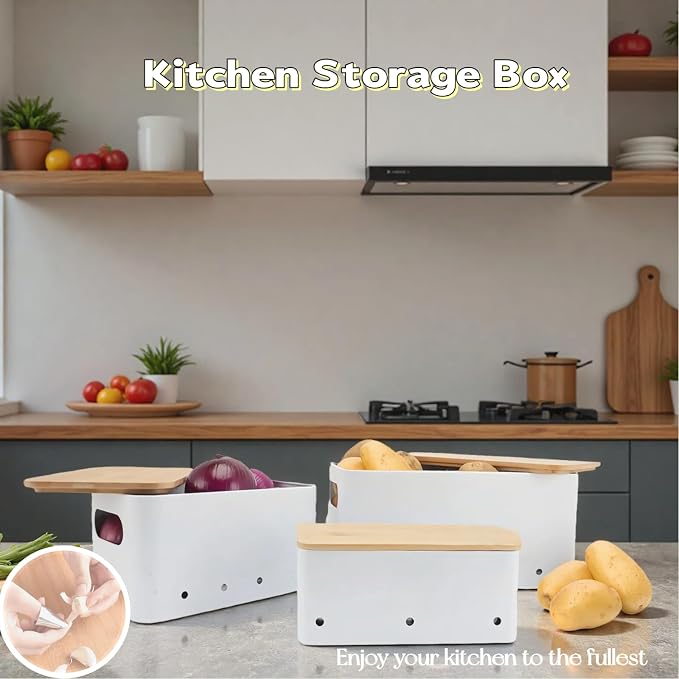 Modern kitchen storage container, stacked metal storage box, 3-piece set with wooden lid design, onion, garlic, potato metal cans, breathable storage box (White)
