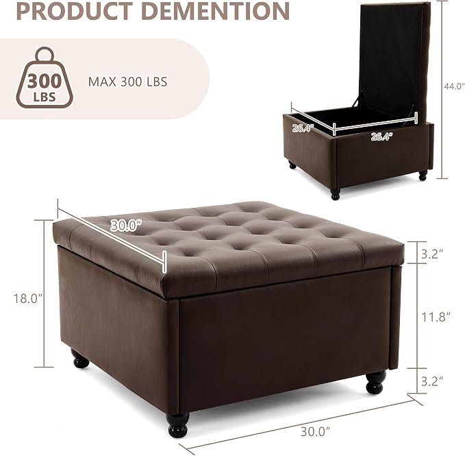 Weture 30 Inch Large Square Storage Ottoman Coffee Table, Oversized Square Ottoman with Storage, Tufted Upholstered Coffee Tables for Living Room (Leather, Brown)