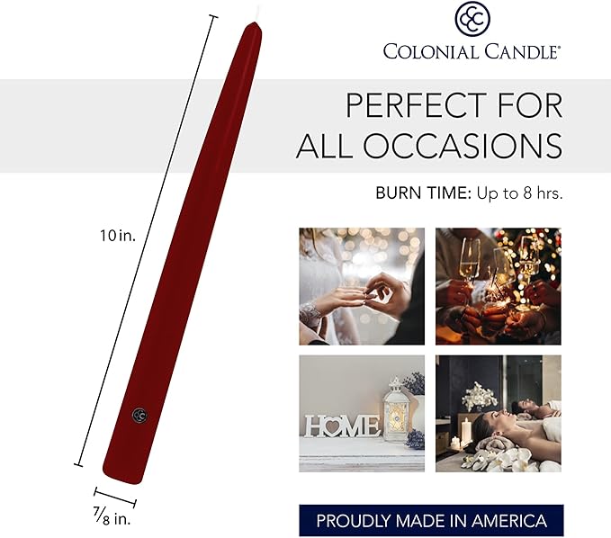 Colonial Candle Unscented Taper Candle, Handipt Collection, Traditional Cranberry, 10 In, Pack of 12 - Up to 8 Hours Burn