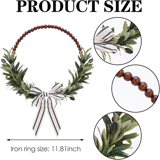 Wood Bead Olive Leaves Wreaths - 13 Inch Artificial Greenery Leaf Wreaths Farmhouse Rustic Boho Wall Hanging Decor for All Seasons for Natural Home Indoor Outdoor Bedroom Decoration