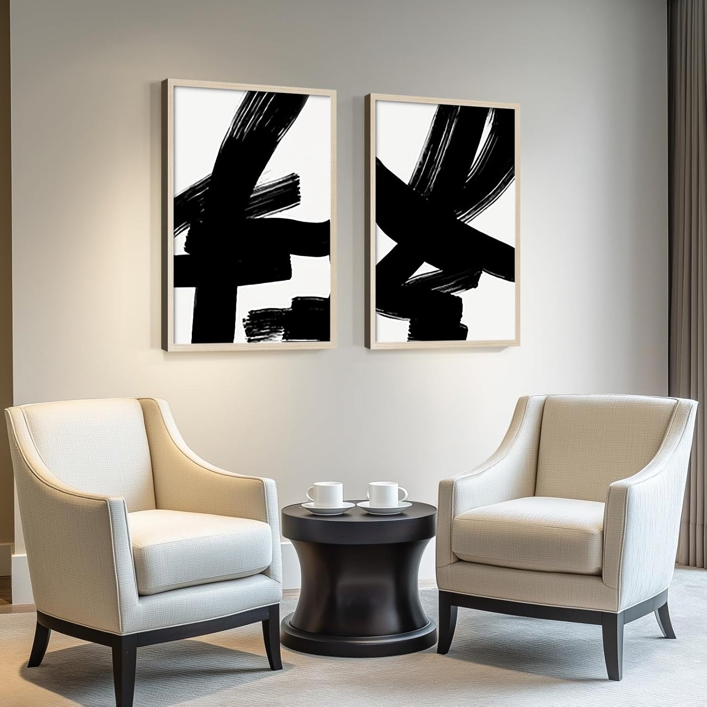 2Pcs Framed Black and White Abstract Thick lines Wall Art Canvas Prints Modern Minimalist Gallery Picture Posters Brush Stroke Wall Decor Living Room Bedroom Office 12x16 Inch Ready to Hang