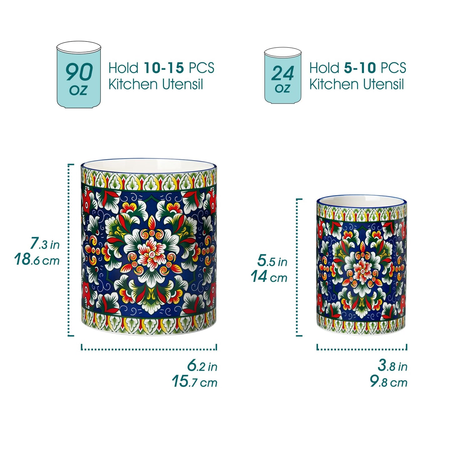 vancasso SIMI Utensil Holder, 7.3"+5.5" Porcelain Kitchen Utensil Holder for Countertop, Bohemian Kitchen Utensil Organizer for Spatulas, Spoons, Decorative Counter Utensil Crock, Verdant Jewel