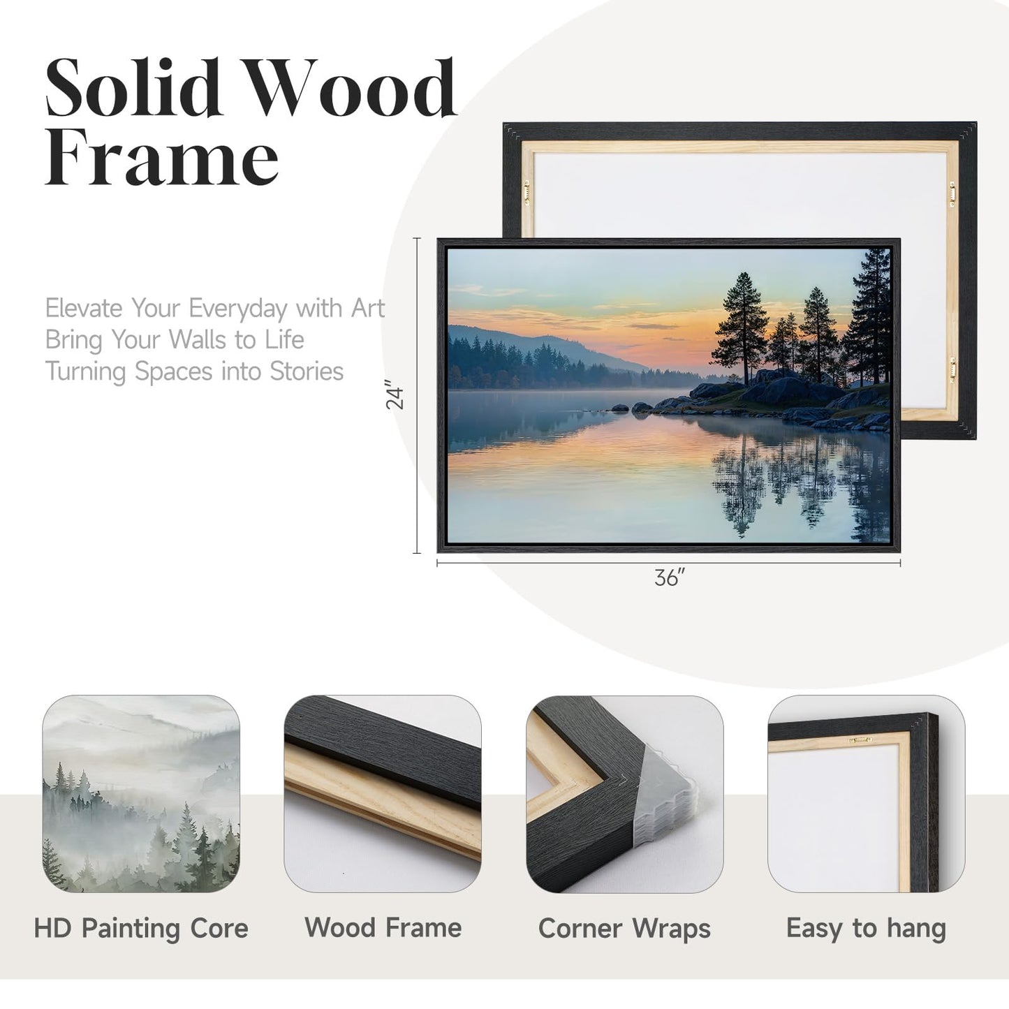 Framed Nature Lake Landscape Wall Art, Horizontal Sunset Canvas Artwork for Walls, Peaceful Scenery Photography Print, Scenic Picture for Living Room Bedroom Office Dining Room Wall Decor, 24x36 Inch