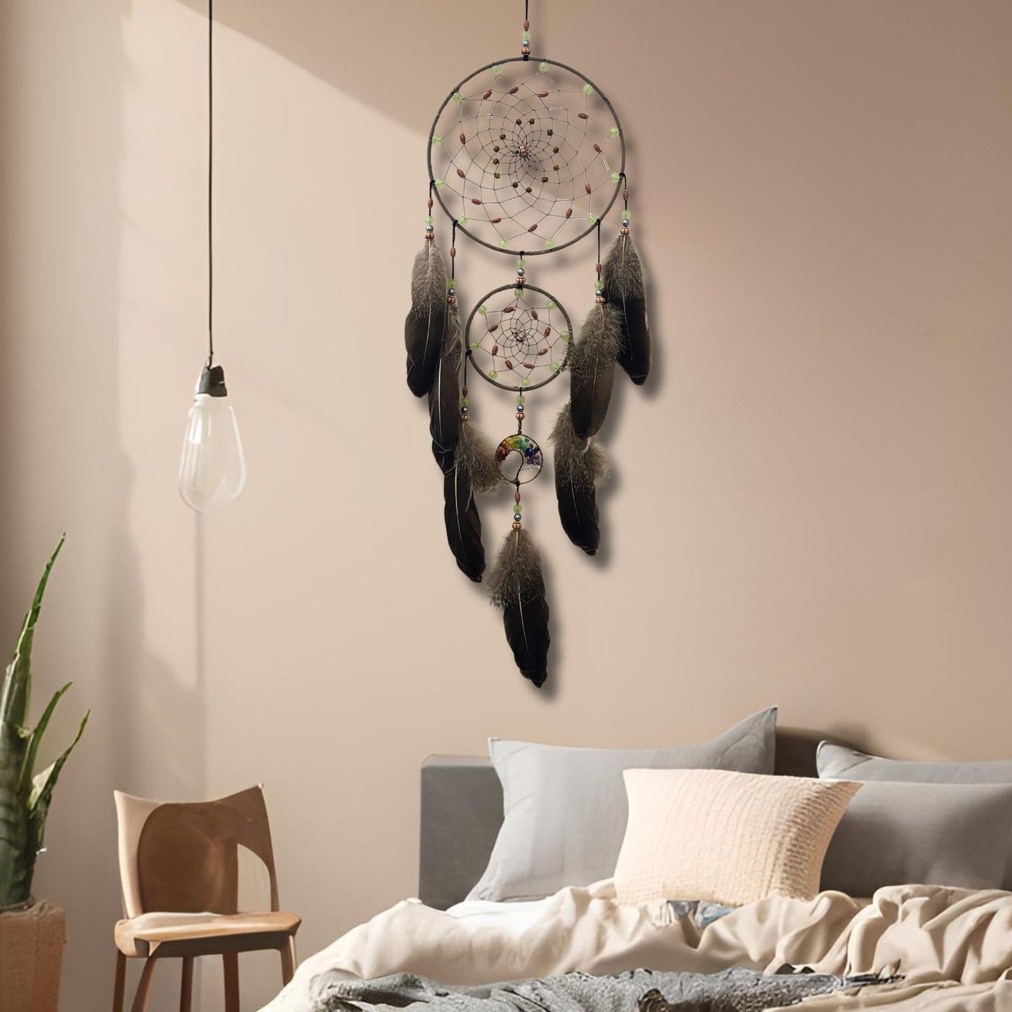 XEYOLHON Dream Catchers for Adults with Luminous Beads Dream Catcher with 7 Chakra Handmade Wall Decor with Native Feather Hanging Ornament for Bedroom Brown